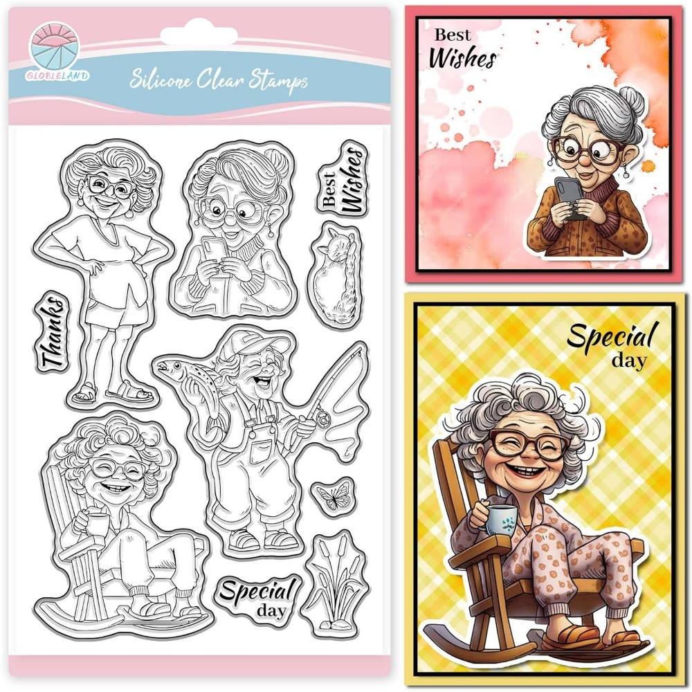 Clear Silicone Stamps For Card Making - Timbri trasparenti per vecchia signora sorridente